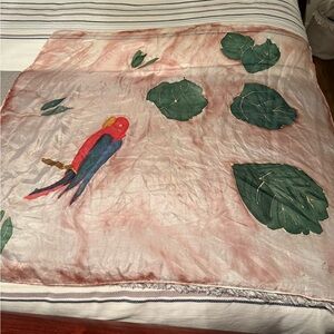 Vintage Beautiful Unique Silk Hand Painted Parrot Bird and Leaf Scarf